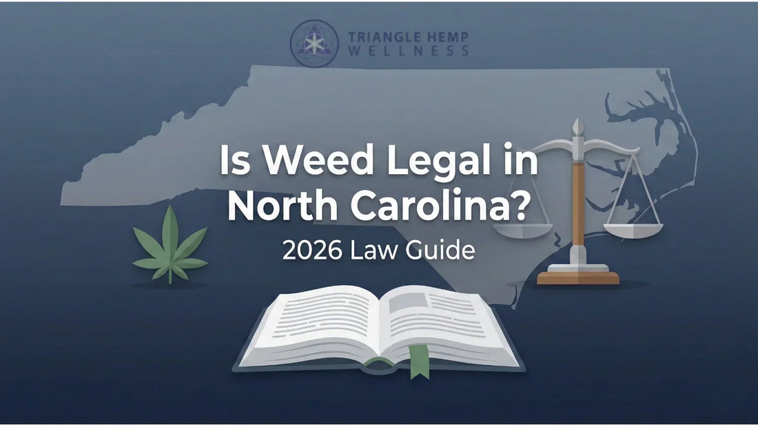 North Carolina marijuana law guide 2026 featured image with state outline and justice scale.