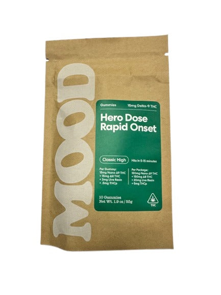 Mood Hero Dose Rapid Onset gummies pouch, 15mg nano Delta-9 plus Delta-8, live resin and THCP