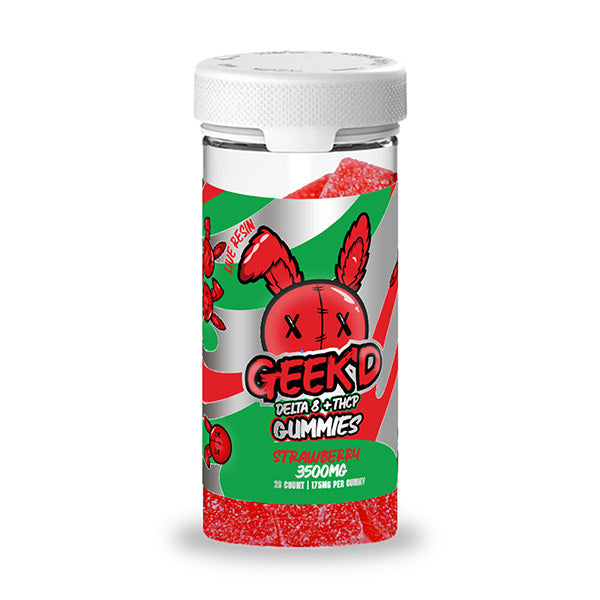 Jar of Geek D Delta 8+ THC Strawberry Gummies on a white background