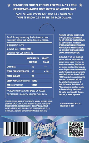 HAPPY FRUIT - BLUEBERRY DREAM - DELTA 9 WITH CBN - PLATINUM FORMULA GUMMIES - INDICA - Triangle Hemp Wellness